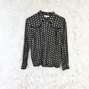 Anthropologie Eri + Ali XS Black Floral Button-Up Shirt Long Sleeve Pom Pom